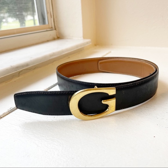 Gucci G Logo 1990s Gold Buckle Belt in Navy Leather
